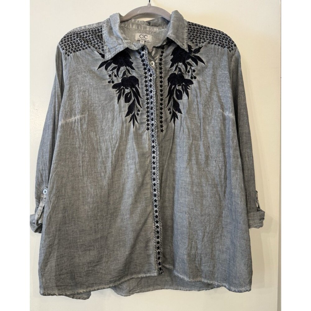 Chic Connection Women 1X Embroidered Cotton Gray Button Down Western shirt